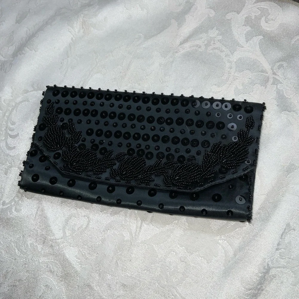 Vtg 1950’s Walborg Black Beaded Fold Over Envelope Clutch Formal Evening Event